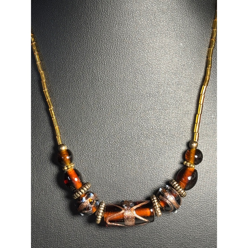 Beaded Necklace Amber Gold‎ Lampwork Glass Boho Earthy 16 Inch Statement Jewelry